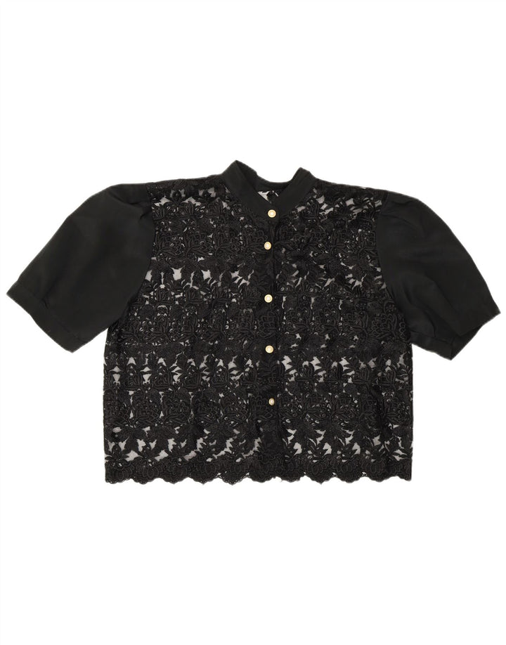Vintage Dame Crop Se Gennem Shirt Bluse UK 14 Medium Black Floral