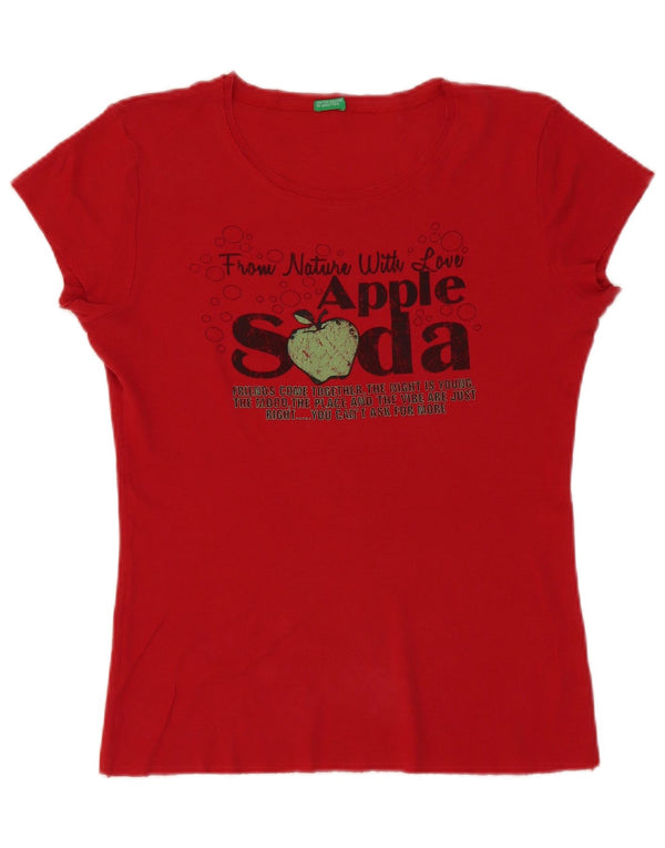Benetton Dame Grafisk T-Shirt Top UK 14 Medium Rød Bomuld