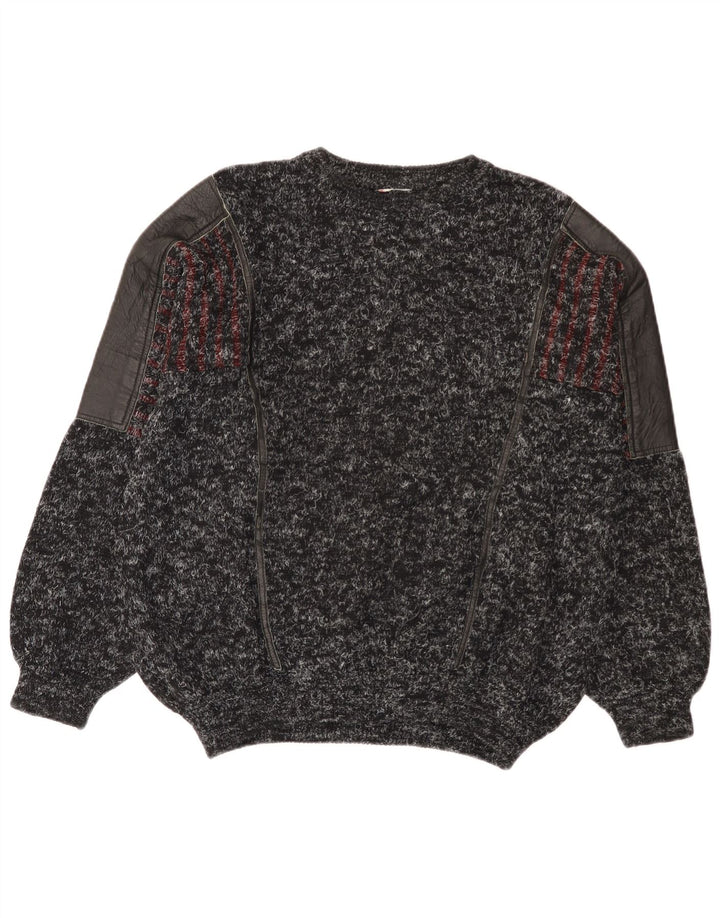 Vintage Mens Crew Neck Jumper Sweater Large Black Patchwork Wool