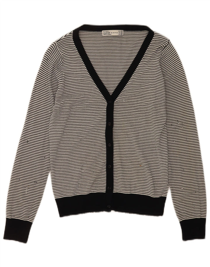 Zara Dame Cardigan Sweater UK 12 Medium Sort Stribet Rayon