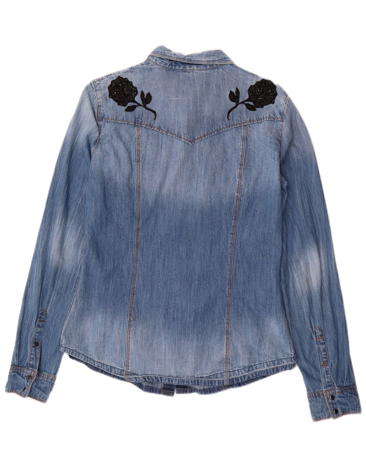 GUESS Dame Denim Shirt UK 14 Medium Blue Floral