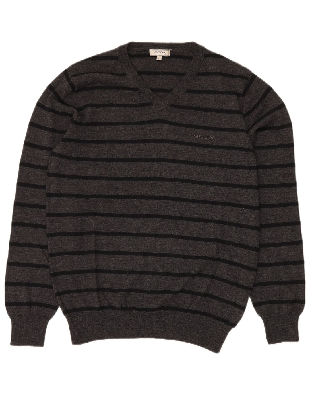 GEOX Dame V-hals sweater UK 16 Stor grå stribet merinould