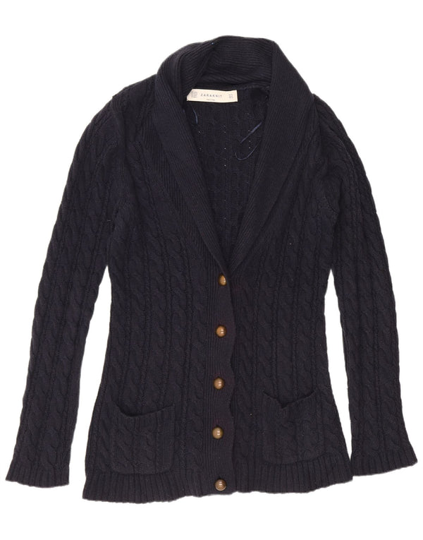 Zara Dame Cardigan Sweater UK 14 Medium Navy Blue Bomuld