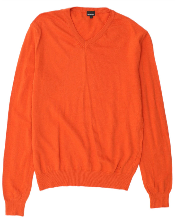 CALVIN KLEIN JEANS Dame V-hals sweater UK 14 Stor Orange Uld