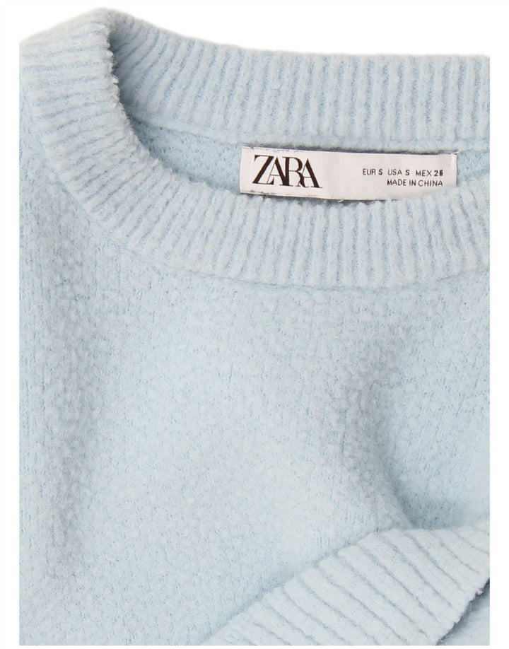 ZARA Womens Crop Boat Neck Jumper Sweater UK 8 Small Blue