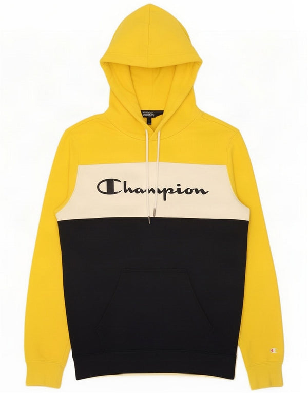 Champion Mens Graphic Hoodie Jumper Small Yellow Colourblock Cotton