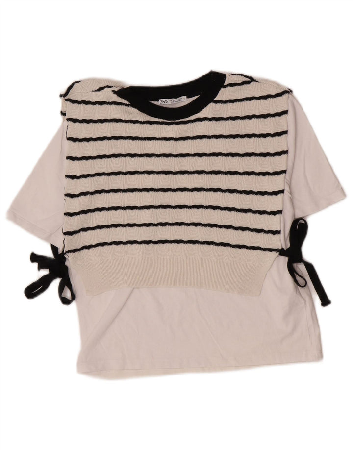 Zara Dame Crop Bluse Top UK 10 Lille hvid stribet bomuld