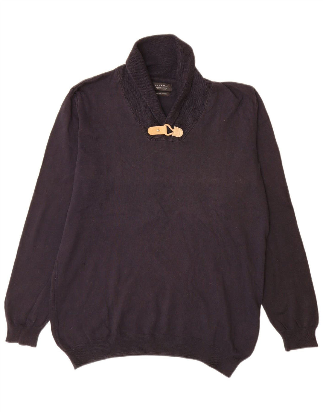 Zara Herre Shawl Neck Jumper Sweater Medium Navy Blue Bomuld