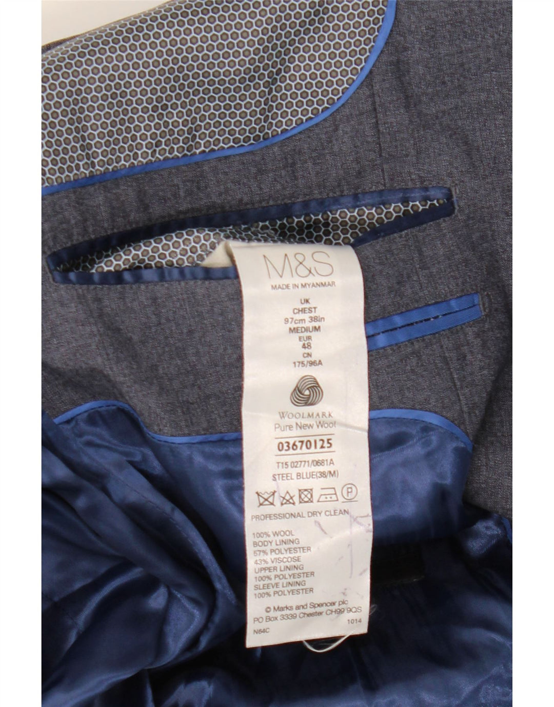 Marks & Spencer Herre 1-knap blazerjakke UK 38 Medium Blue Wool