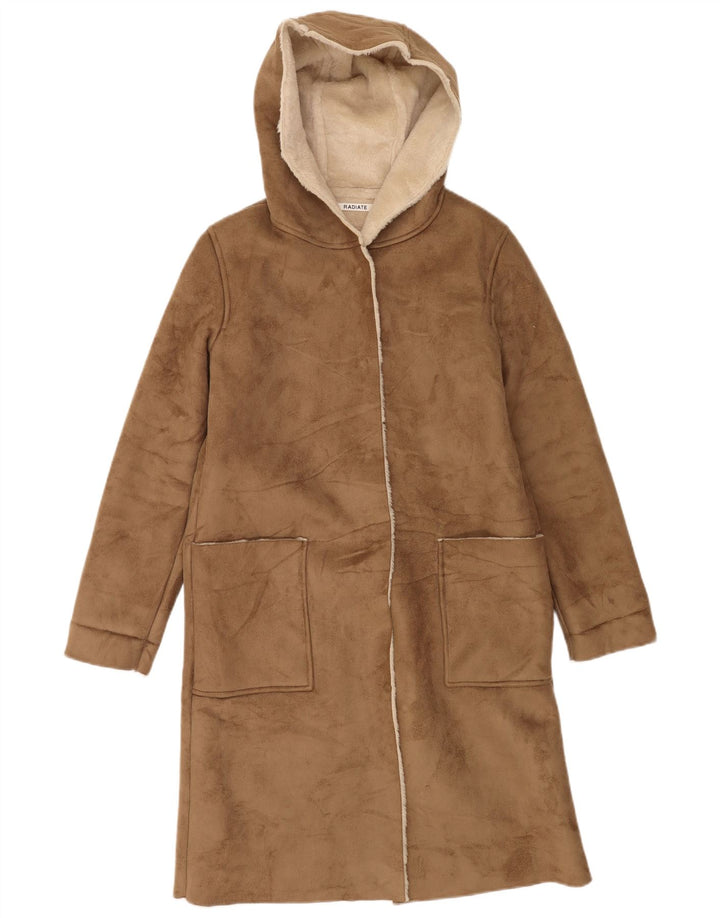 Vintage Sherpa-overfrakke med hætte til kvinder Størrelse 38 Medium Brun