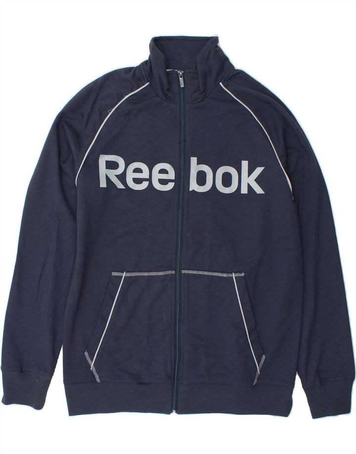 REEBOK Mens Graphic Tracksuit Top Jacket Large Navy Blue Cotton Vintage Reebok and Second-Hand Reebok from Messina Hembry 