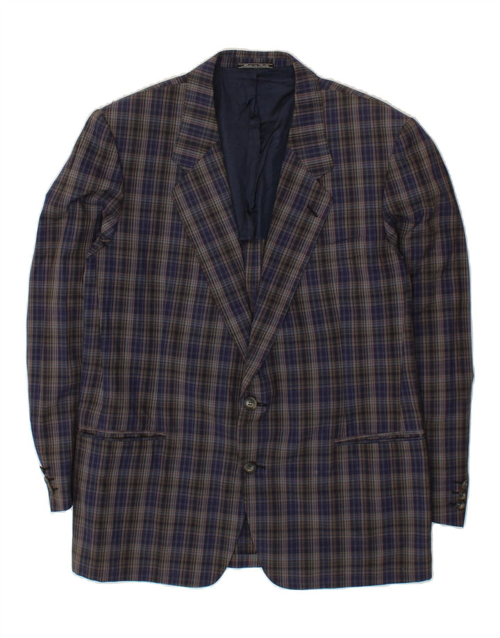 ETHOMAS Mens 2 Button Blazer Jacket IT 52 XL Navy Blue Check Cotton Vintage Ethomas and Second-Hand Ethomas from Messina Hembry 