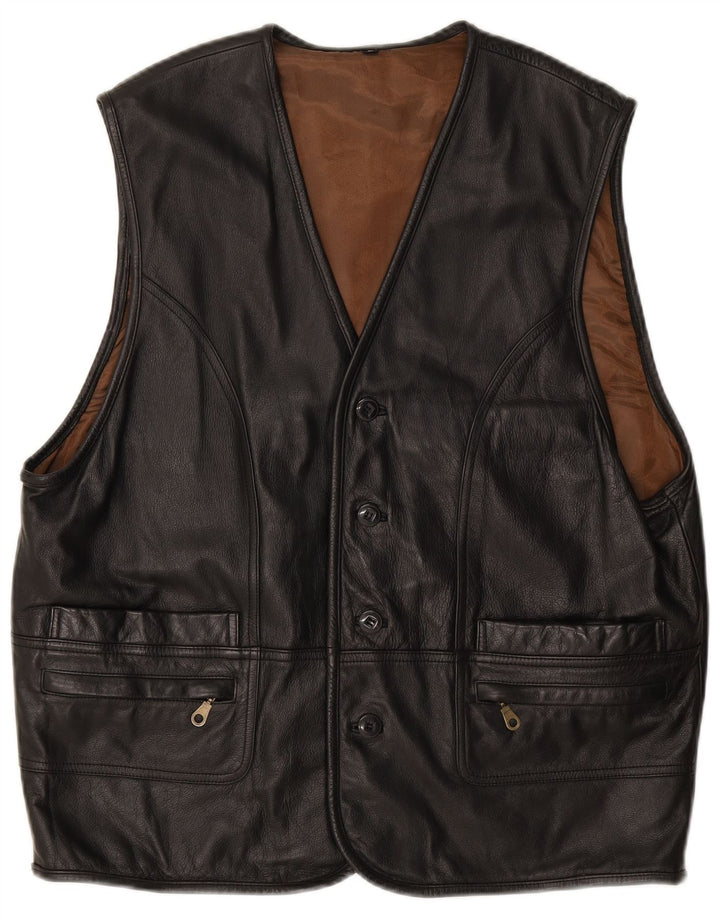Vintage Herre Læder Gilet UK 40 Stor Sort Læder