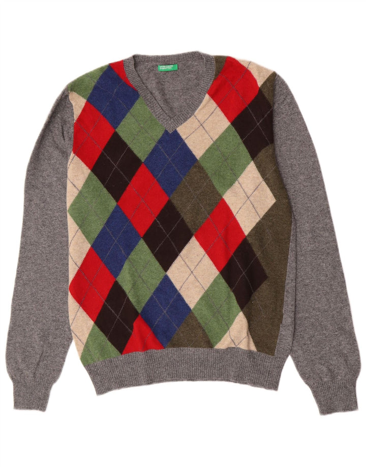 Benetton Herre V-hals sweater Medium Grey Argyle/Diamond Wool