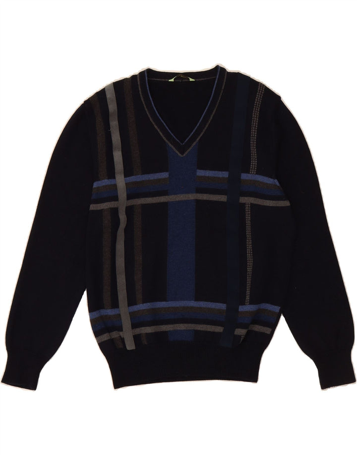 DALMINE Mens V-Neck Jumper Sweater IT 48 Medium Navy Blue Check Vintage DALMINE and Second-Hand DALMINE from Messina Hembry 