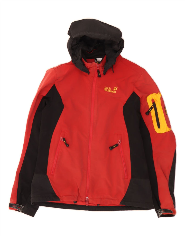 JACK WOLFSKIN Womens Hooded Rain Jacket UK 12 Medium  Red Colourblock Vintage Jack Wolfskin and Second-Hand Jack Wolfskin from Messina Hembry 