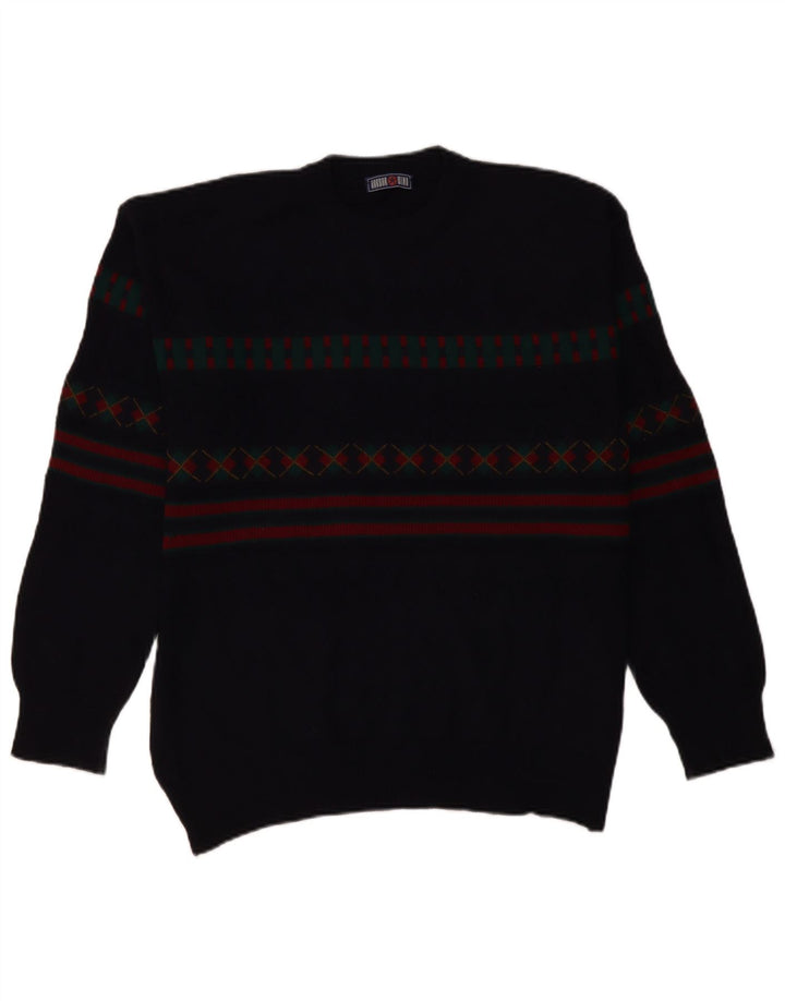VINTAGE Herre Turtle Neck Jumper Sweater IT 50 Stor Marineblå Geometrisk
