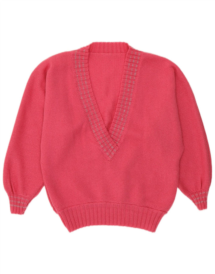 VINTAGE Dame V-hals sweater UK 14 Medium Pink