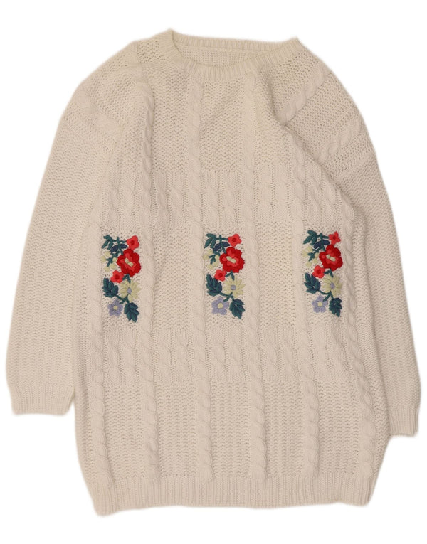 Vintage Dame Boat Neck Jumper Sweater UK 16 Large White Floral Bomuld