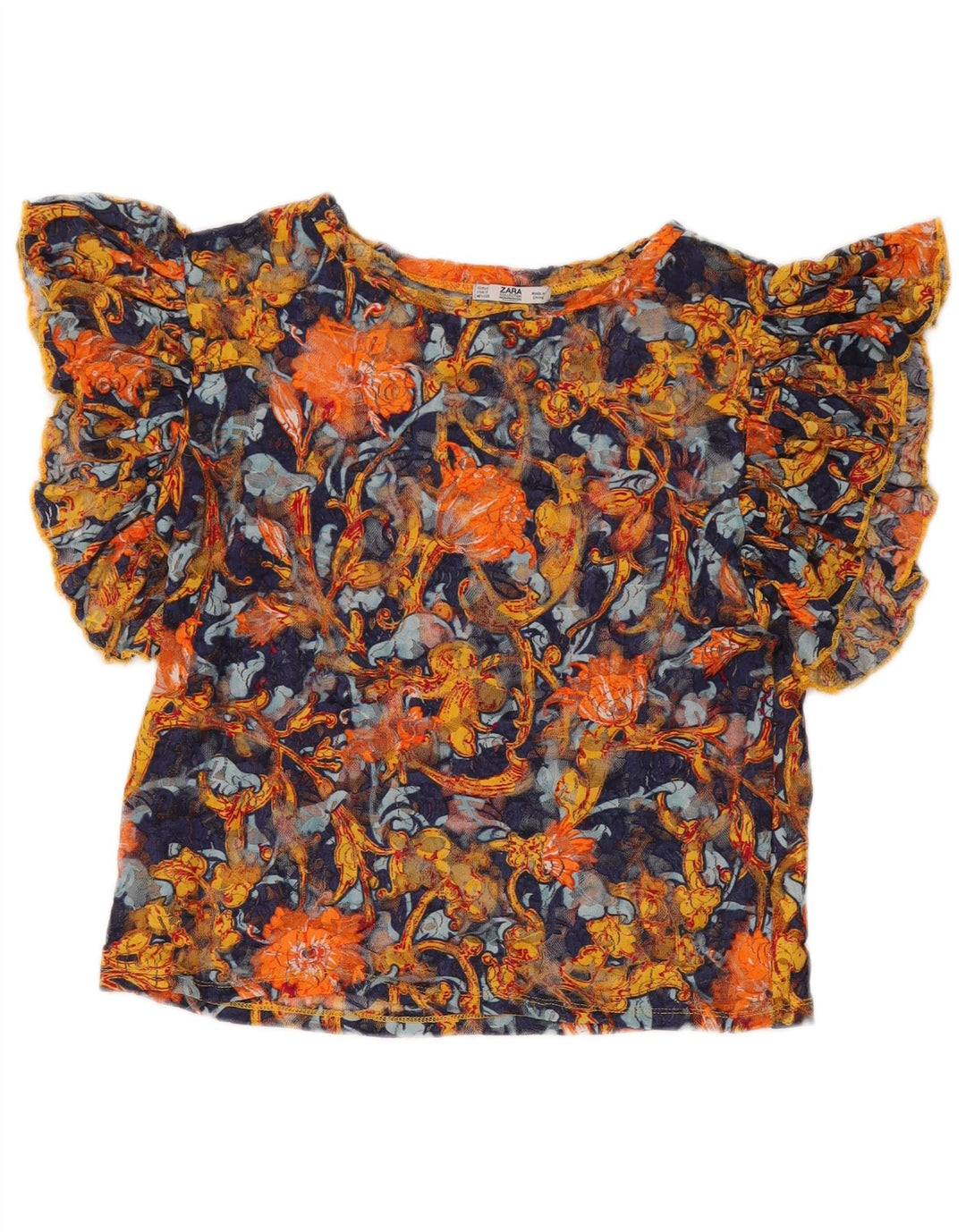 Zara Dame Se Through Bluse Top UK 10 Small Multicolored Floral