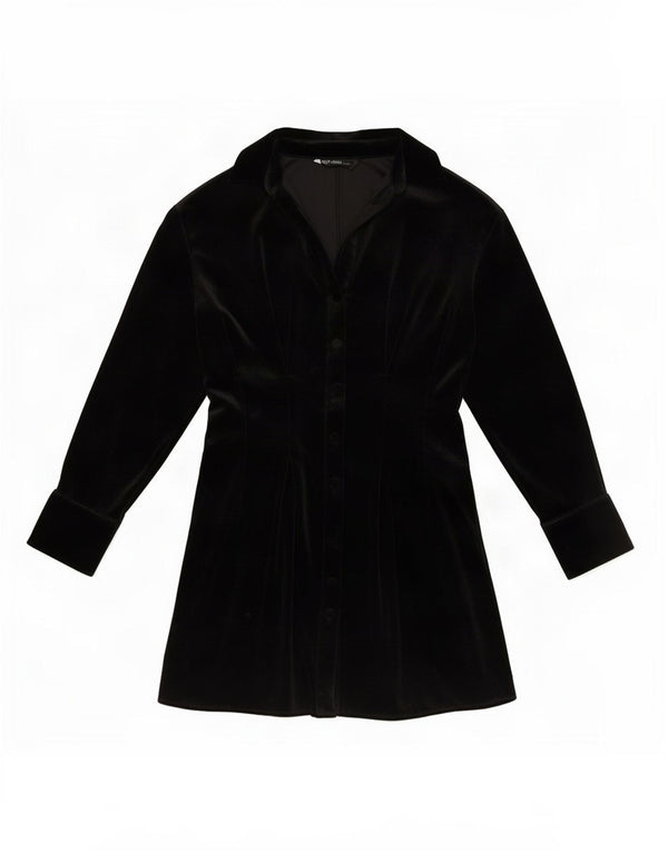 Zara Dame Langærmet Velour Skjorte Kjole UK 10 Small Black Polyester