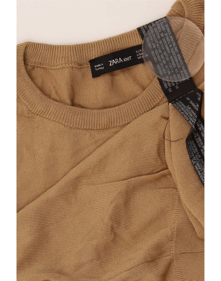 Zara Womens Crop Crew Neck Jumper Sweater UK 12 Medium Beige Viscose