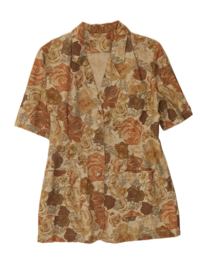 VINTAGE Womens Longline 3 Button Blazer Jacket IT 46 Large Beige Floral Vintage Vintage and Second-Hand Vintage from Messina Hembry 