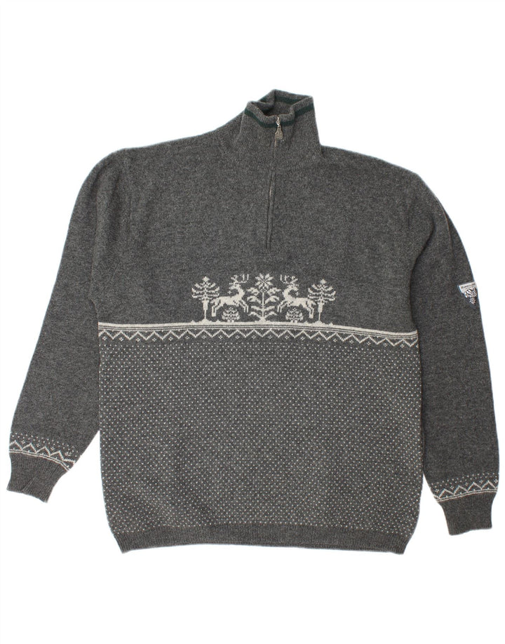 Hammerschmid Herre Zip Neck Jumper Sweater Large Grey Fair Isle Wool