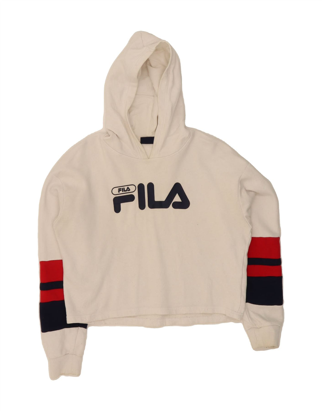 FILA Womens Oversized Crop Hoodie Jumper UK 14 Medium White Colourblock Vintage Fila and Second-Hand Fila from Messina Hembry 