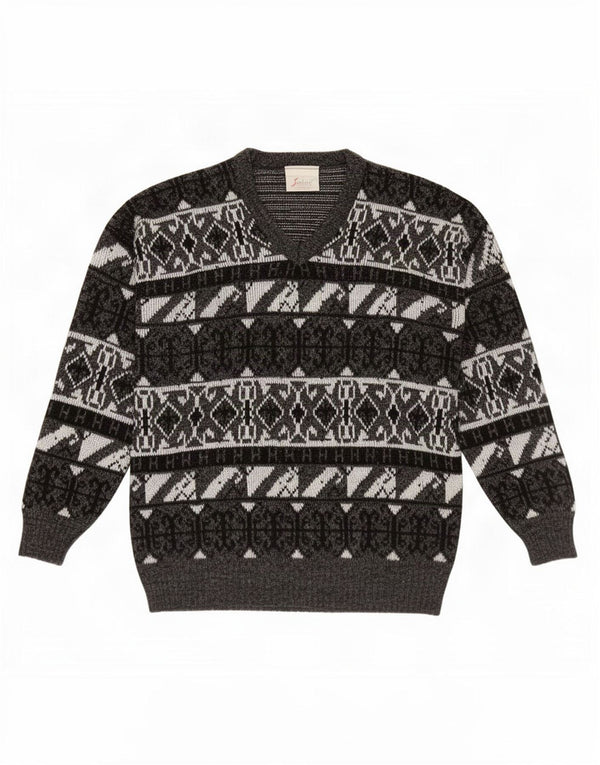 Vintage Drenge V-hals sweater 15-16 år XL Grå Geometrisk Akryl