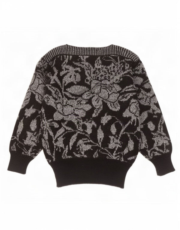 Vintage Dame Boat Neck Jumper Sweater UK 16 Large Black Floral Wool