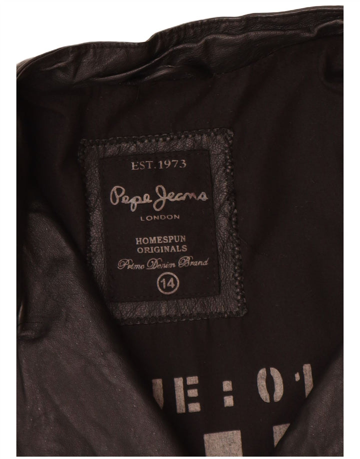 PEPE Jeans Dame Læder Biker Jacket UK 14 Medium Sort Læder