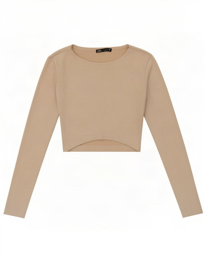 Zara Womens Crop Top Langærmet UK 8 Small Beige Polyester