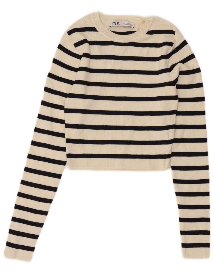 Zara Dame Crop Top Langærmet UK 8 Lille hvid stribet viskose