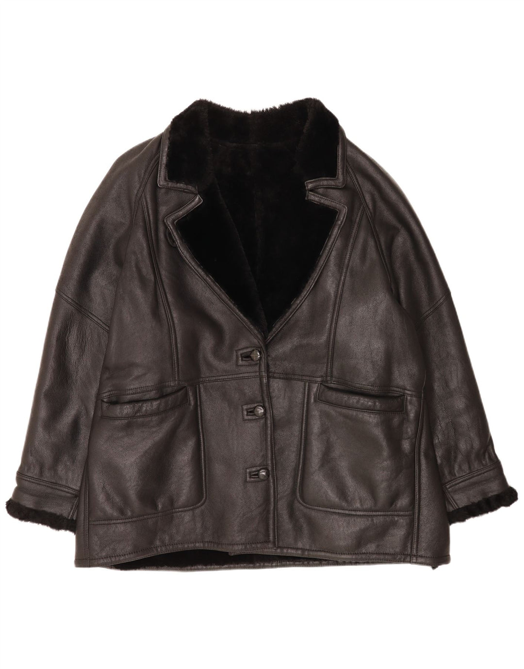 Vintage Dame Loose Fit Shearling Jacket EU 48 2XL Sort Klassisk