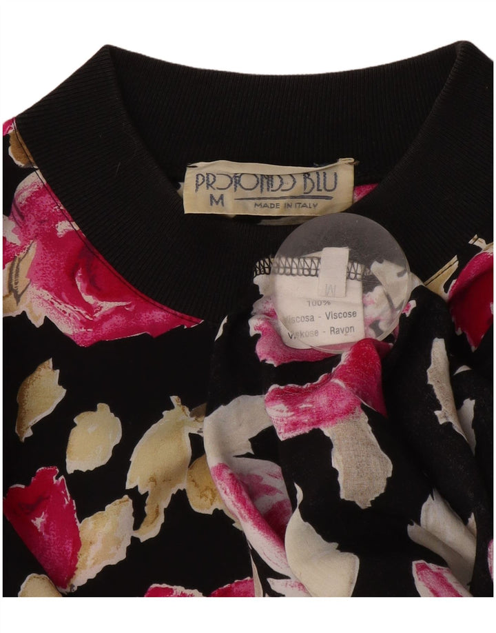 Vintage Dame Top Langærmet UK 14 Medium Black Floral Viscose