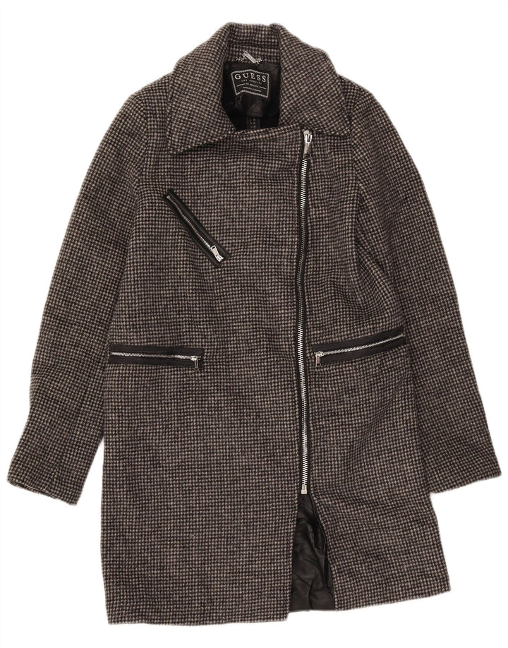 GUESS Womens Full Zip Overcoat UK 6 XS Grey Houndstooth Wool