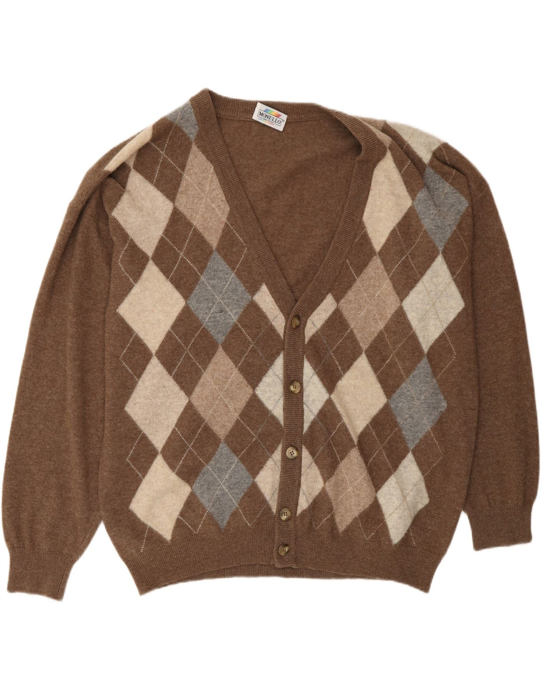 MONELLO Herre cardigan sweater IT 52 Stor brun Argyle/Diamant uld