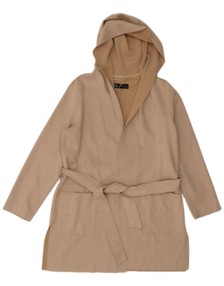 Zara Overfrakke med hætte til kvinder UK 14 Medium Beige Polyester