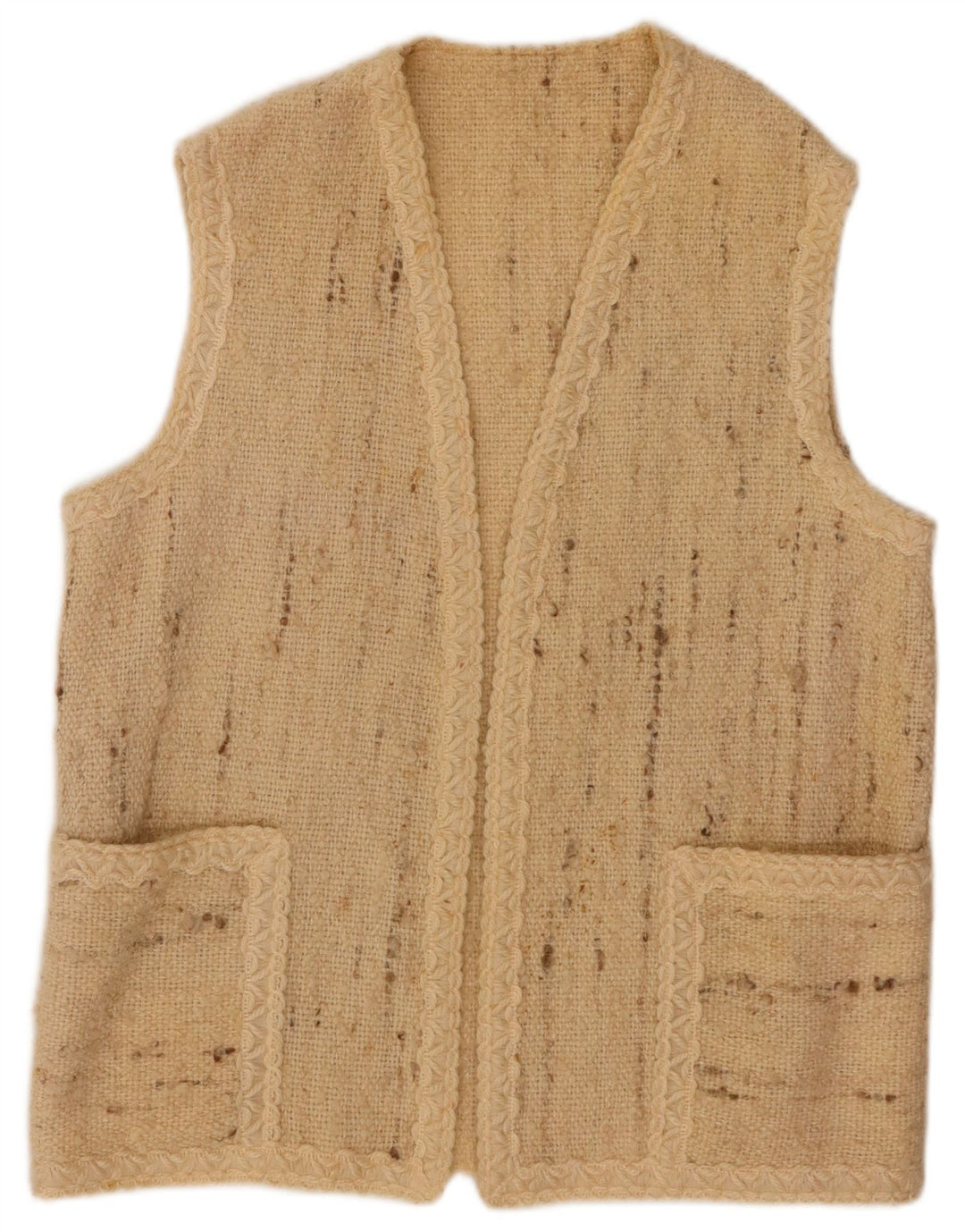 VINTAGE Dame ærmeløs åben cardigan sweater UK 16 Large Beige Flecked