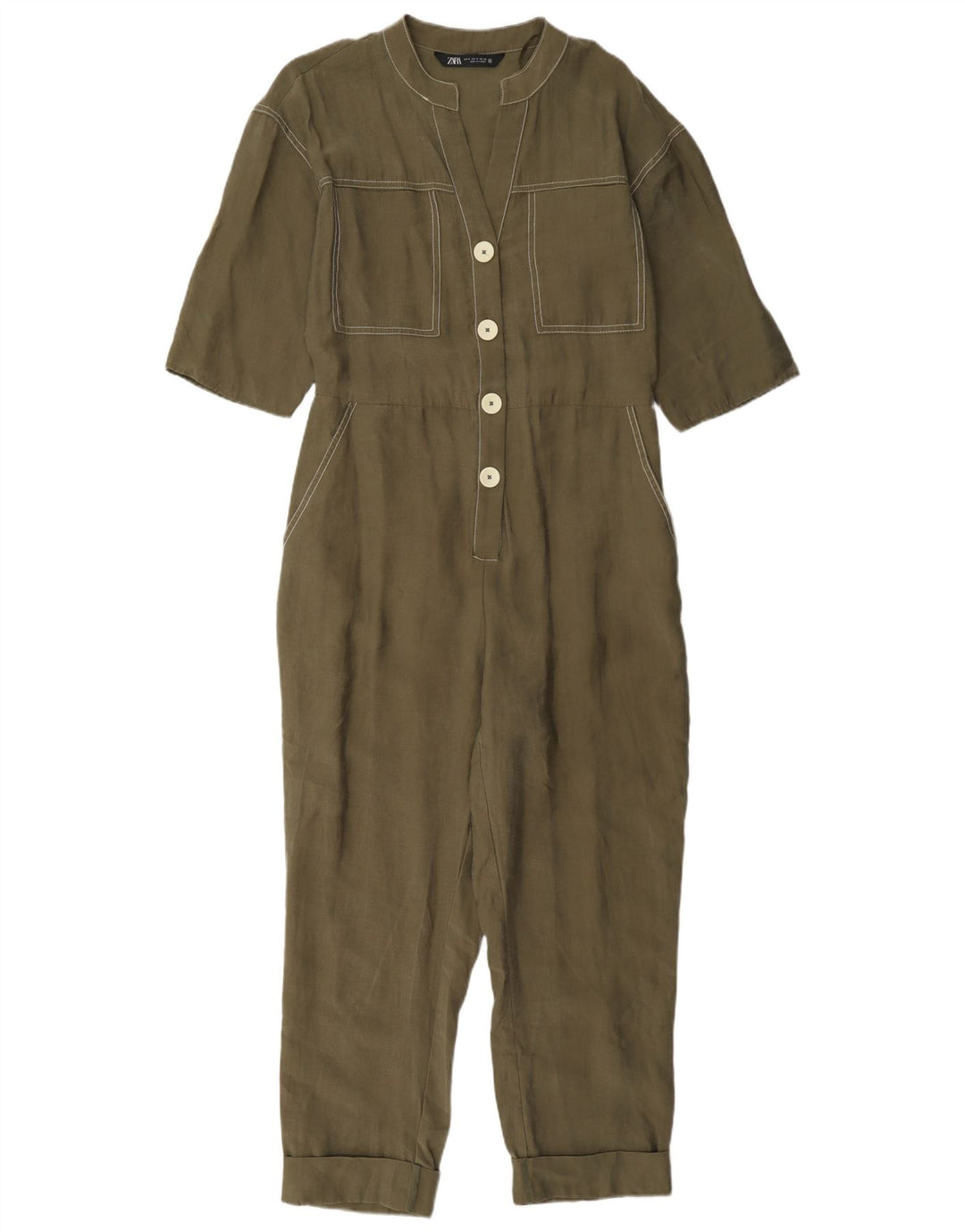 Zara Kortærmede Jumpsuit UK 10 Small Khaki Lyocell