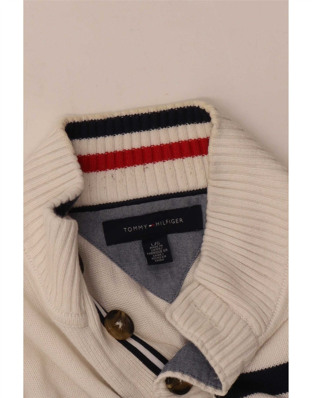 Tommy Hilfiger Herre Button Neck Jumper Sweater Stor Hvid Stribet