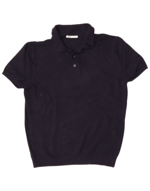 Zara Dame Polo Shirt UK 14 Large Navy Blue Viscose