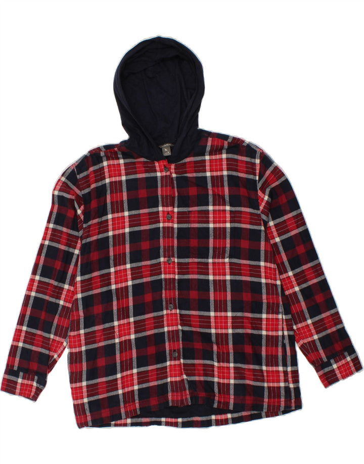 EDDIE BAUER Womens Hooded Flannel Shirt UK 14 Medium Red Check Cotton Vintage Eddie Bauer and Second-Hand Eddie Bauer from Messina Hembry 