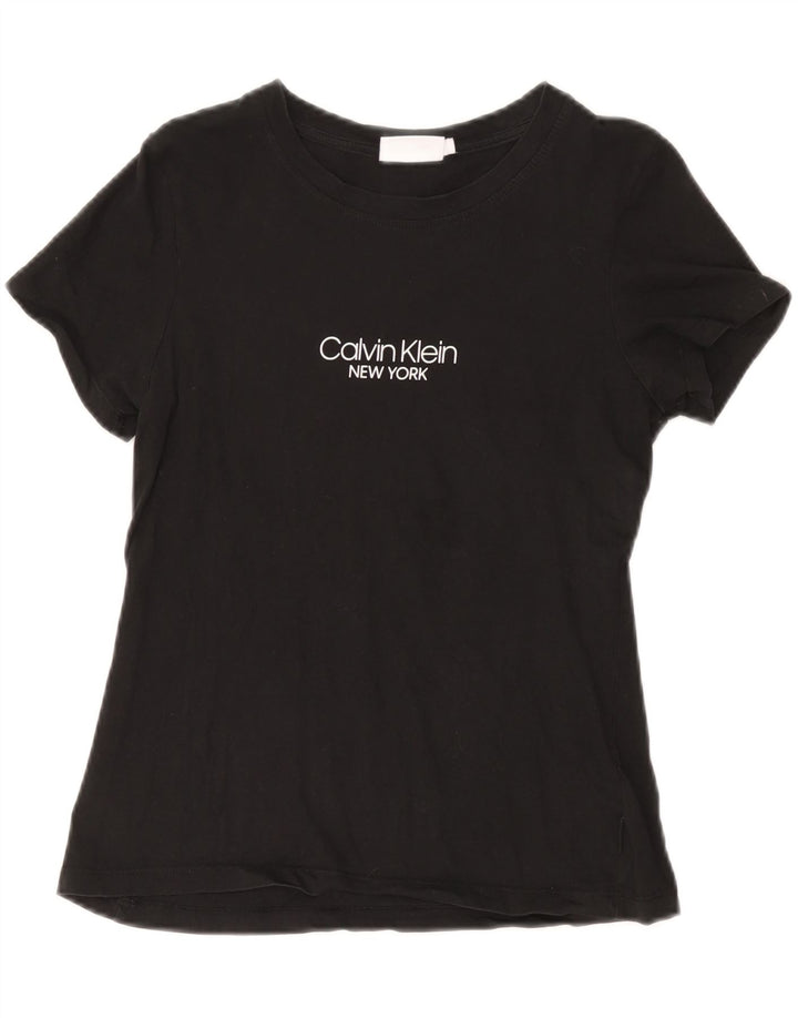 CALVIN KLEIN Dame Grafisk T-Shirt Top UK 12 Medium Sort Bomuld
