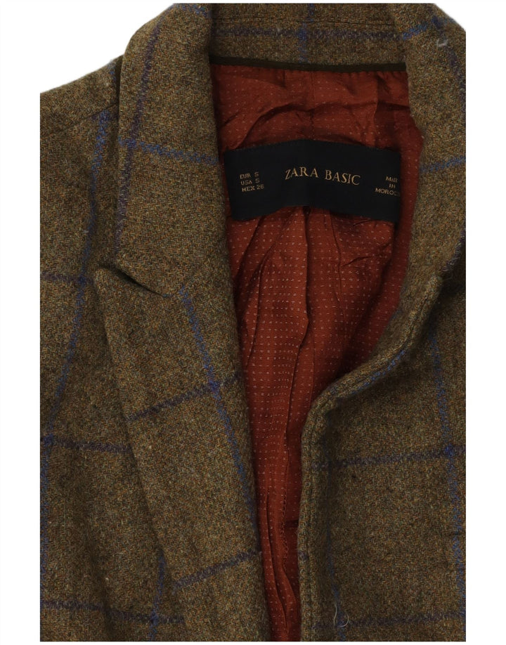 Zara Dame 1 Knap Blazer Jacket UK 10 Small Khaki Check