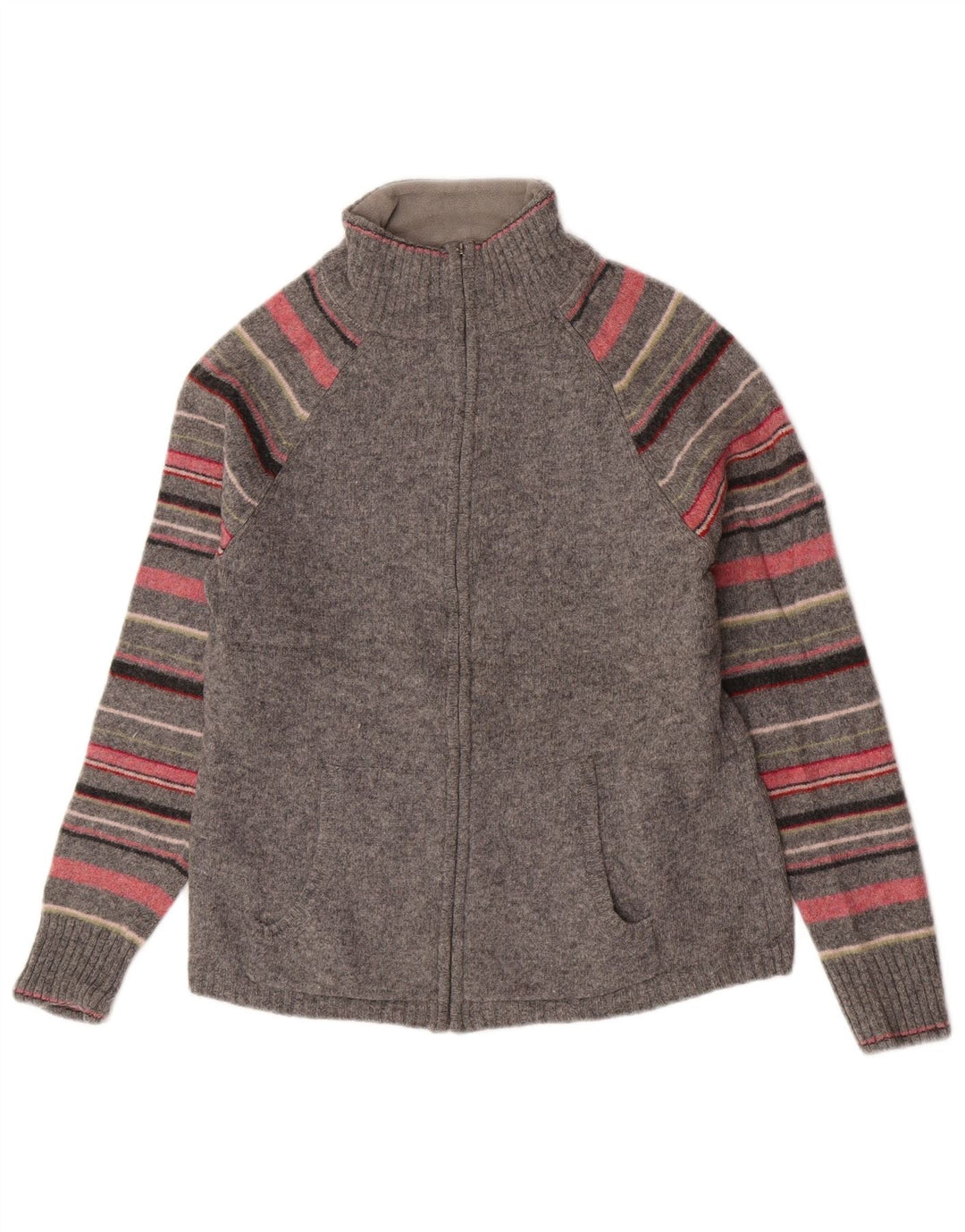 Eddie Bauer Dame Cardigan Sweater UK 12 Mellemgrå Stribet lammeuld