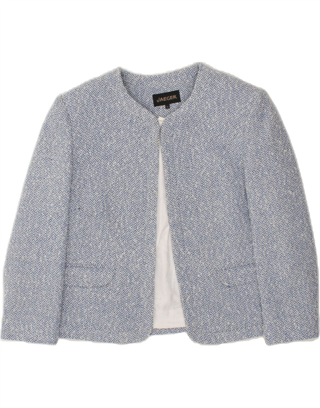 JAEGER Womens Open Blazer Jacket UK 14 Medium  Blue Chevron Acrylic Vintage Jaeger and Second-Hand Jaeger from Messina Hembry 