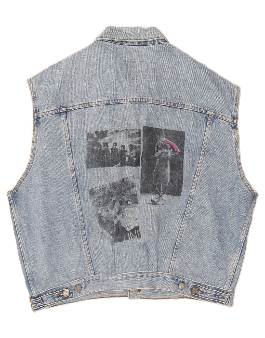 UNIFORM Womens Graphic Denim Gilet UK 14 Medium Blue Vintage Uniform and Second-Hand Uniform from Messina Hembry 