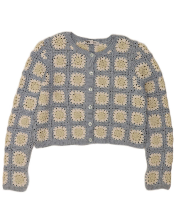 Zara Womens Crop Hæklet Cardigan Sweater UK 14 Medium Blue Floral